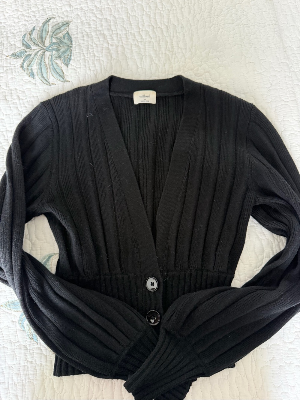 Aritzia Wilfred Black Ribbed V-Neck Button Cardigan